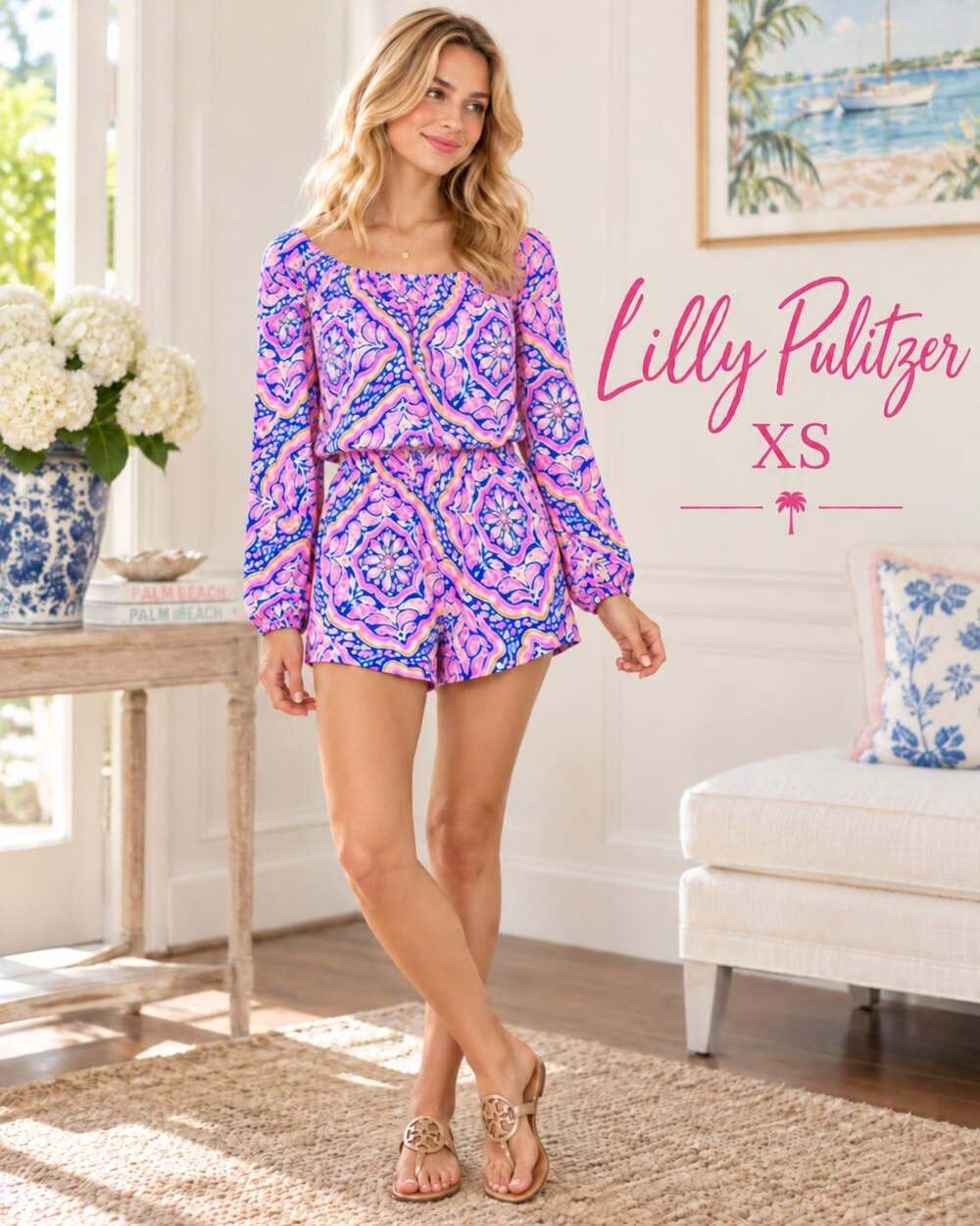 Lilly Pulitzer XS Pink Blue Paisley Long Sleeve Romper